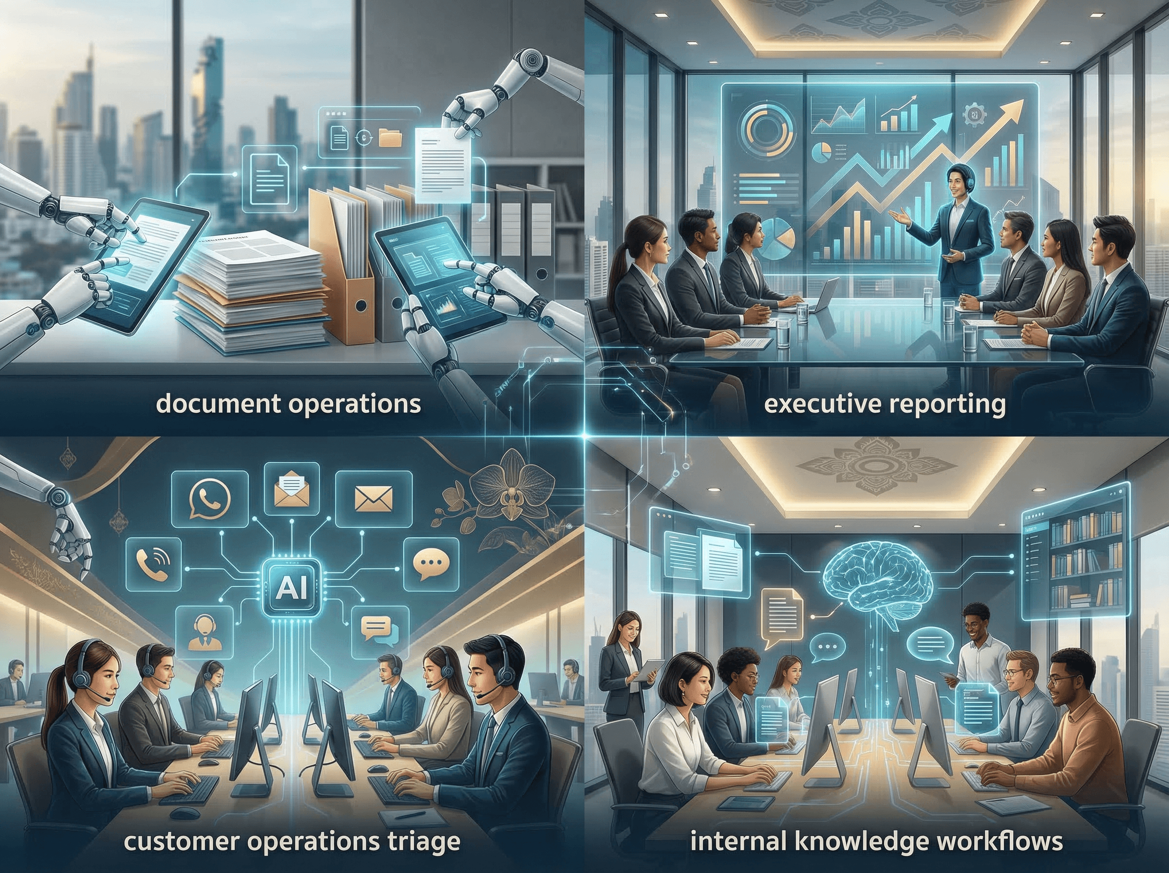 Use-case collage showing enterprise agentic AI workflows for Thai organizations