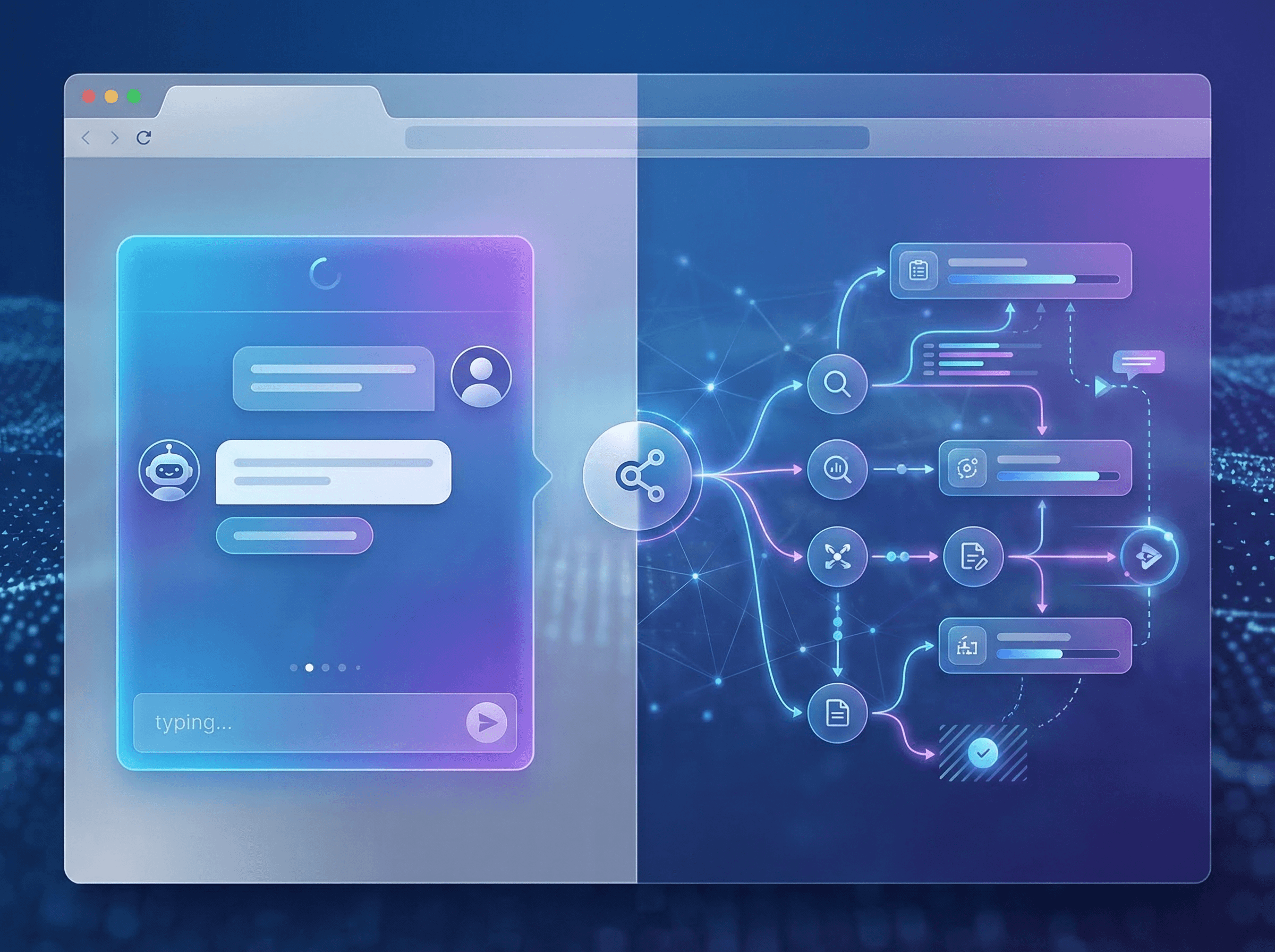 Split visual comparing chatbot interactions with agentic AI workflow execution