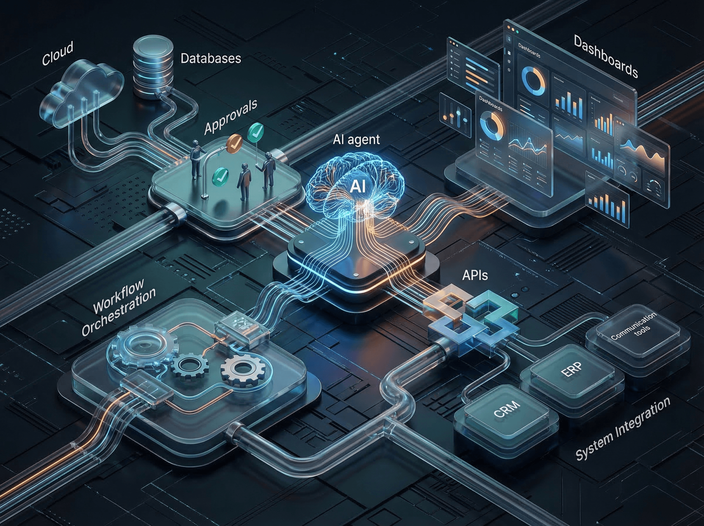 Architecture visual showing AI agent orchestration, integrations, and approvals